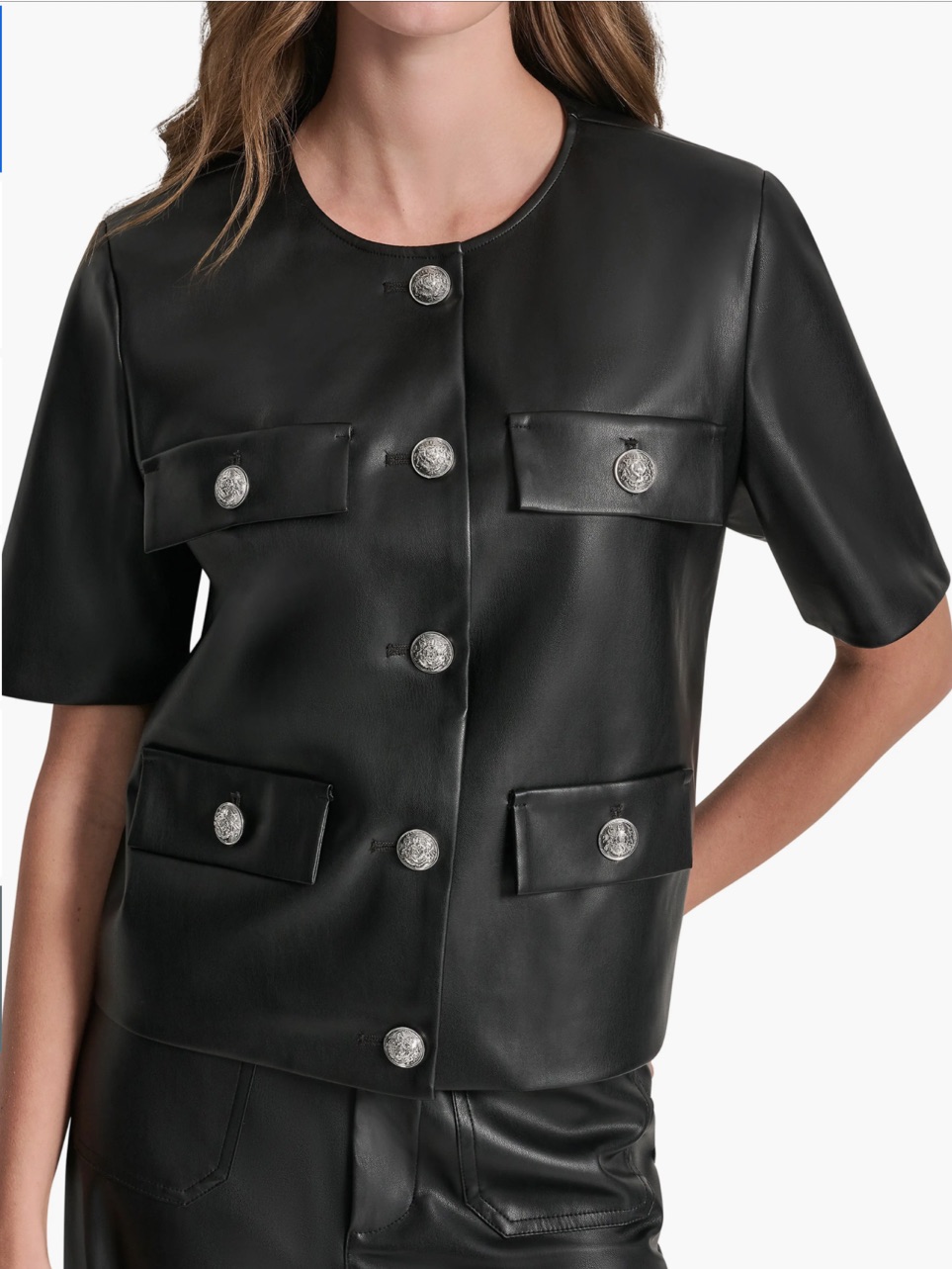 Nwt Dkny Jeans Faux Leather Short Sleeve Cropped Jacket Black Size L